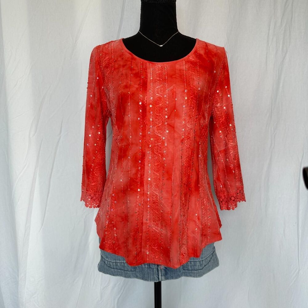 Vintage Roz & Ali Fairy Top | Pink/Red 2000s Sequin Lace 3/4 Sleeve Blouse